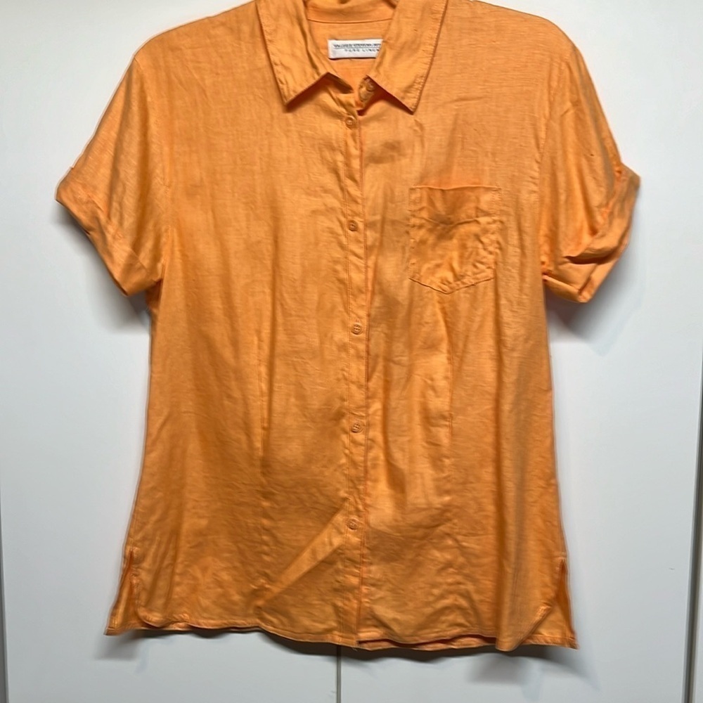 Valerie Stevens Petites Pure Linen Orange Button Front Shirt Large Petite